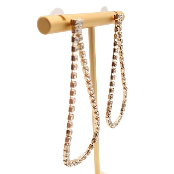 Gold Tone & Rhinestone Tear Drop Loop Pierced Earrings Unsigned 2.5" - Picture 2 of 4